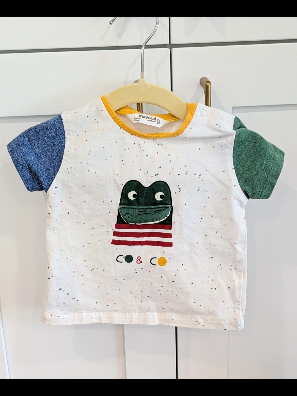 Mayoral White Tee with Green Frog and Blue & Green Sleeves